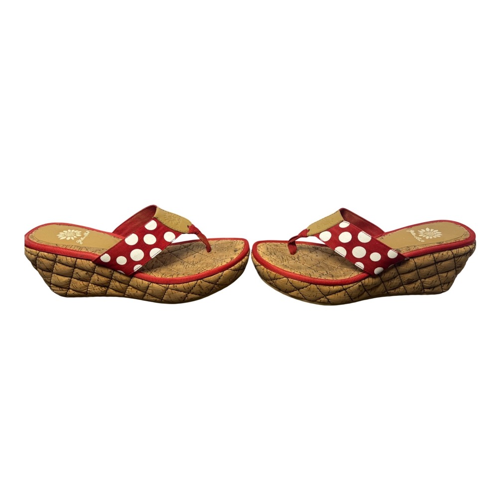Yellow Box Red Polka Dot Cork Wedge Thong Sandals Estimated Size 7.5